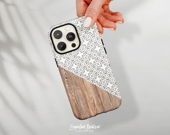 Funda de madera rústica para teléfono, con diseño de azulejos españoles, envolvente (fina y resistente)