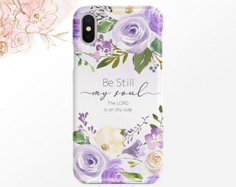Funda para teléfono con frase de fe y flores moradas: protección fina o resistente