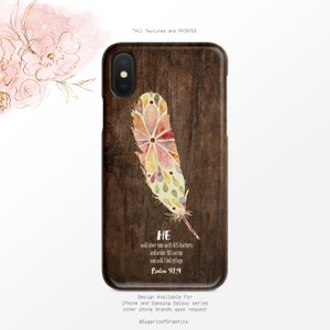 Funda para teléfono con el Salmo 91:4 - Veta de madera con cita de fe