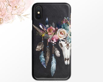 Boho Cow Skull Phone Case Floral Feather iPhone Case Chalkboard Samsung Case    Google  Nfi