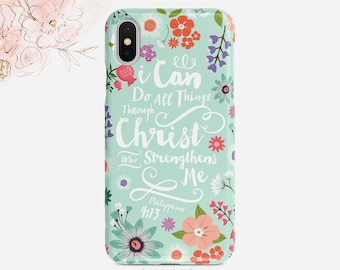 Funda para teléfono con frase cristiana floral en color menta de Filipenses 4:13