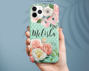 Personalized Phone Case Pink Peony iPhone Case Mint Green Polka Dots  iPhone X Case iPhone XR Case iPhone XS Case iPhone XS Max Nf