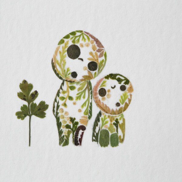 Kodama - Original Pressed Fern Miniature Artwork - Tree spirits from Princess Mononoke by Studio Ghibli - Handmade and signed