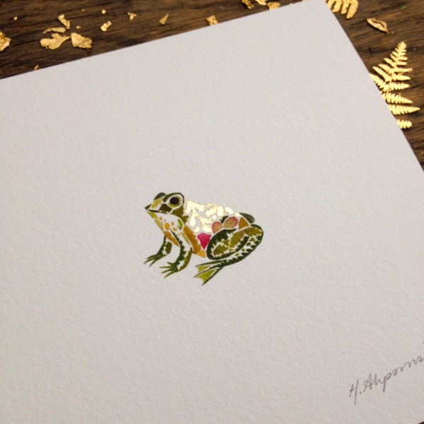 Miniature Giclee Print - Frog - Hand finished with 24k gold gilding - Limited Edition 5" x 5" print