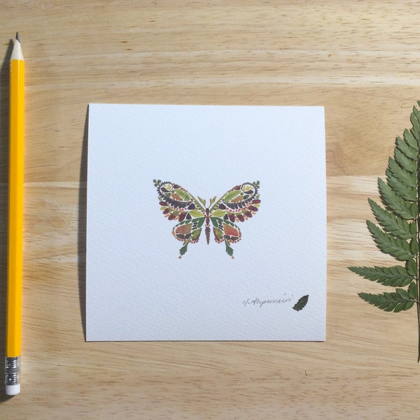 Pressed Fern Butterfly - Miniature 5x5" Hand Finished Giclée Print - Herbarium Wildlife Insect Cottage Artwork Botanical