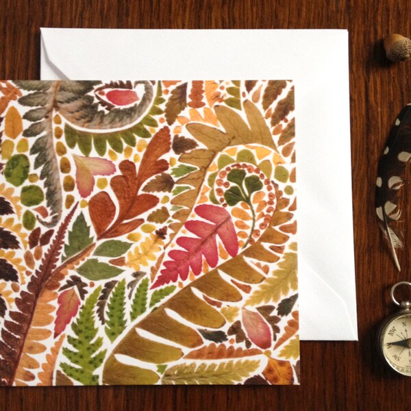 Illustrated Greetings Card - Fern Pattern - Blank Square Luxury Paper - Pressed Fern leaf