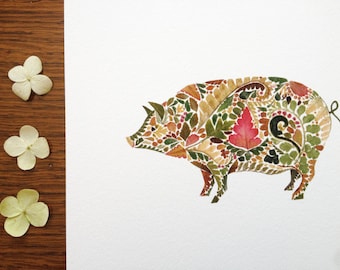 Little Pig made from pressed Fern - 8" x 8" Giclée Print - Limited edition and hand finished - Herbarium Botanical Artwork