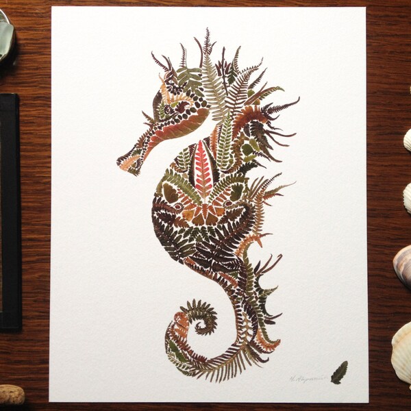 Wciśnięty paproć kolczastego konika morskiego-10 x 8 "Giclée Print-Nautical paproć Zielnik Artwork (Unlimited Edition)