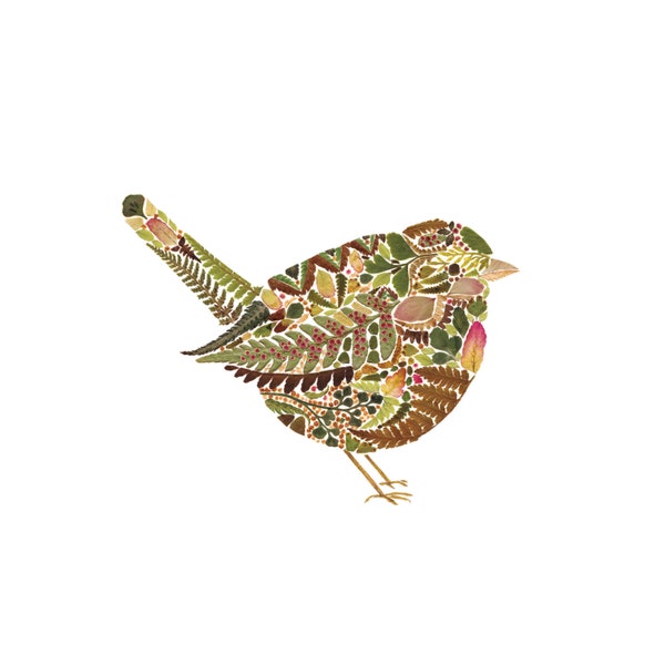 Wren made from pressed Fern leaves - 10" x 10" Square Fine Art Giclée Print - Hand finished - Herbarium Bird Artwork