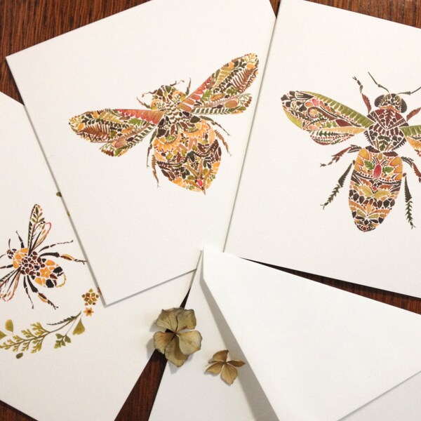 Illustrated Greetings Cards - Set of three different Bee designs - Blank Square Luxury Paper - Pressed Fern leaf Insects