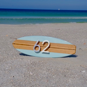 Address Number Sign  Surfboard Coastal Beach House  Gift Plaque in Beach Blue with 23x7” 4” raised characters