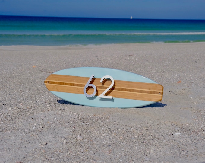 Surfboard Coastal Beach House Number Plaque  in Beach Blue  ,