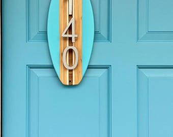 Address House Number Sign: Surfboard  Coastal Beach Personalized Housewarning Gift 14”x5”.  3” Numbers Wall Art