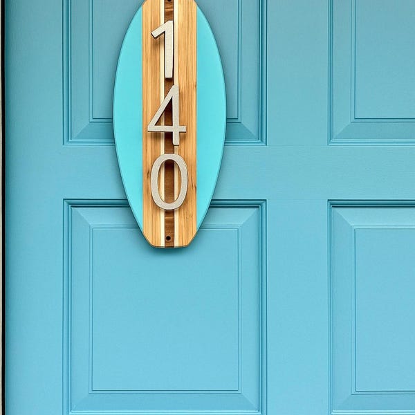 Address House Number Sign: Surfboard  Coastal Beach Personalized Housewarning Gift 14”x5”.  3” Numbers Wall Art