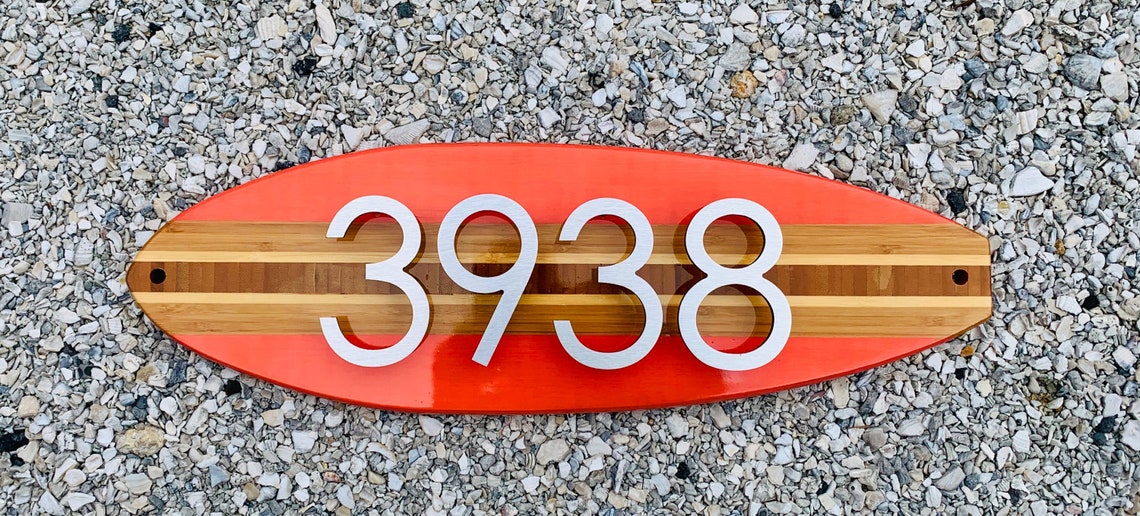 Surfboard House Number Plaque in Salmon brushed aluminum Etsy