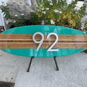 Surfboard Coastal Beach House  Address Number Plaque in Seaform Green with raised 4” Characters