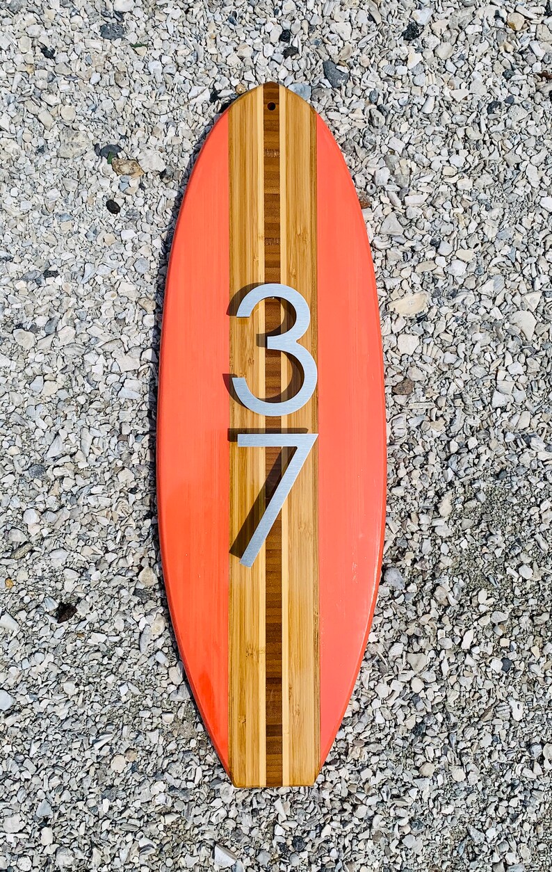 Surfboard House Number Plaque in Salmon brushed aluminum Etsy