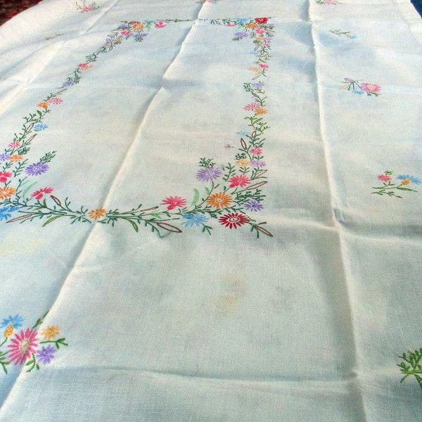 Vintage Linen Spring Time, Embroidered Table Cloth, Flowers in Pink, Purple, Red, Orange, and Blue. Intricate Handiwork. 67 x 49 Rectangular