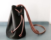 Cross Body Bucket Bag • Black Leather Crossbody Shoulder Bag • Two Tone • Small Bucket Bag Purse