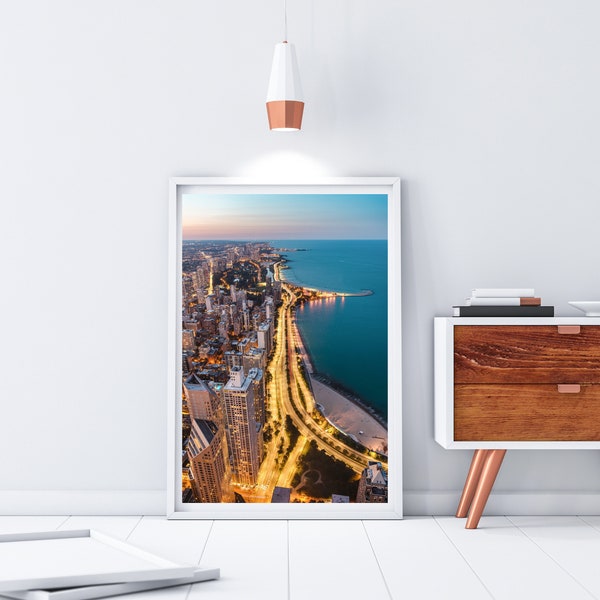 Windy City Chicago Photography Print, Sunset Chicago Wall Art, Printable Cityscape, Skyline Digital Download, City Lights Wall Print #006