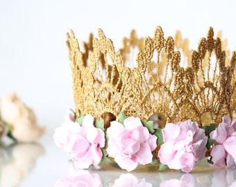 First Birthday Lace Crown gold + baby pink flowers - headband - photography prop - customize with any age upgrade - Mini Lainey