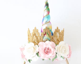 Birthday Flower Unicorn Headband Unicrown - Gold + Rainbow + Pink + White - Unicorn Headband - Photogrpphy Prop - Cake Smash