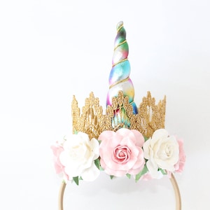 Birthday Flower Unicorn Headband Unicrown Gold Rainbow Pink White Unicorn Headband Photogrpphy Prop Cake Smash image 1