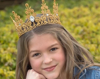 Lace Crown with Rhinestone Bling Crystal Jewlels - Gold Quinn - Full Size - Toddler thru Adult - Photography Prop - Cake Smash