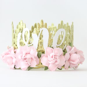 First Birthday Crown - white cursive one + baby pink flowers - birthday crown - headband - photography prop - mini Lainey