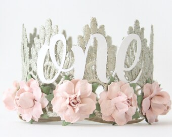 First Birthday Crown + white cursive one + blush flowers || first birthday crown || headband || photography prop || Lainey