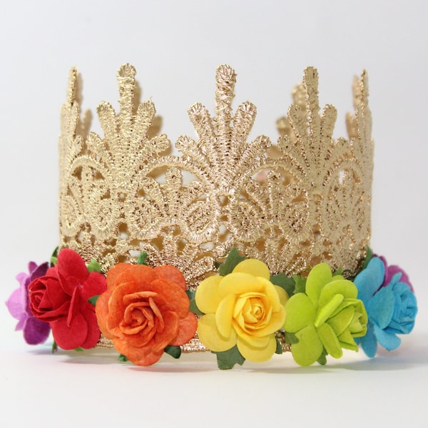 Rainbow baby lace birthday crown headband || Chloe || birthday crown || Gold + Red + Orange + Yellow + Green + Blue + Purple || Party ||