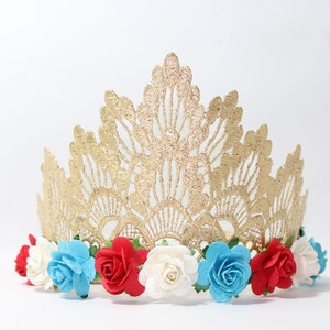 NEW 4th of July Patriotic Red White & Blue Tiara Lace Crown with Flowers Memorial Day Independence Day Rocket Pop Freedom image 1