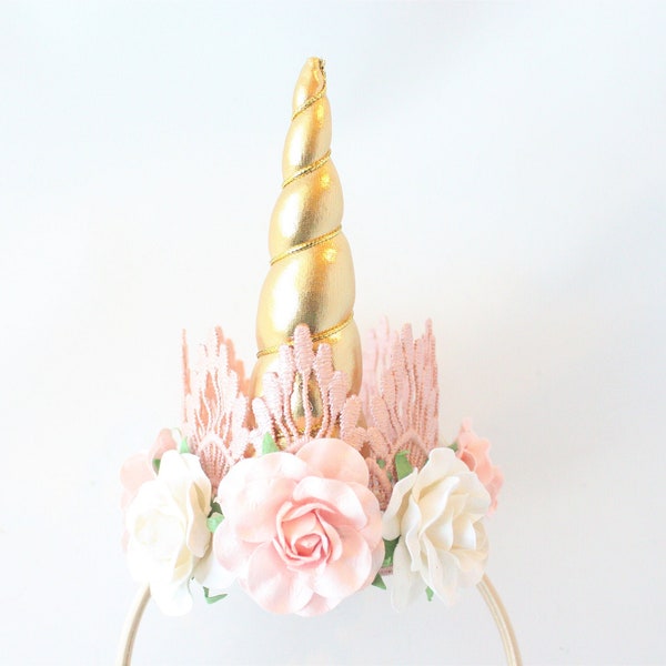 Birthday Flower Unicorn Headband Unicrown || Gold + Pink + White || Unicorn Headband || Photogrpphy Prop || Cake Smash