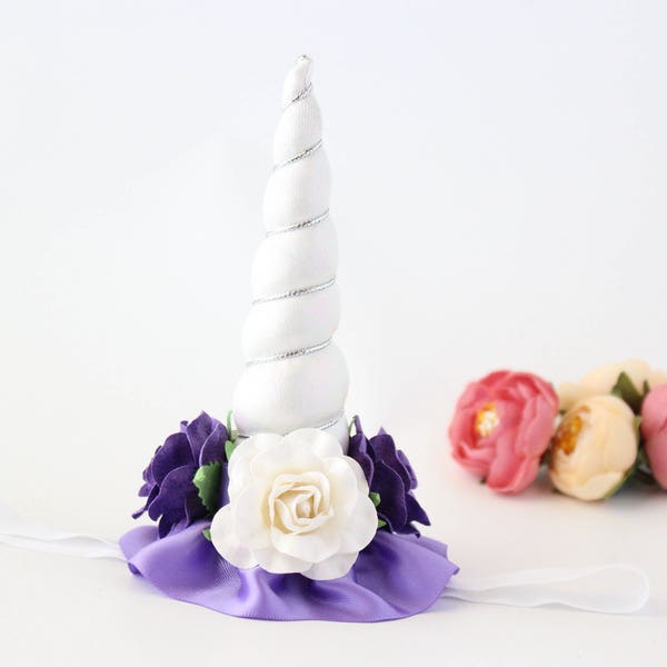 Unicorn Horn Flower Crown Headband - White + Purple - Unicorn Headband - Photography Prop - Rocking Horse - Pony - Carousel - Birthday