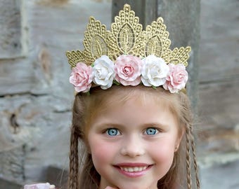 Boho Princess Tiara Lace Crown with Pink + White Rose Flowers - Penelope - Tiara - Birthday - Flower Girl - Bridesmaid - Photo Prop