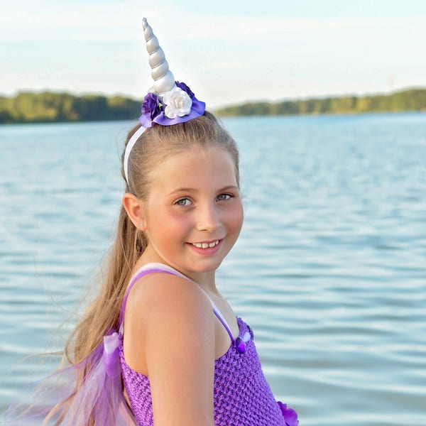 White + Purple Unicorn Horn Flower Crown Headband - Unicorn Headband - Photography Prop - Rocking Horse - Pony - Carousel - Birthday