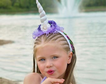 Unicorn Horn Flower Crown Headband - Lavender + Purple + White - Unicorn Headband - Photo Prop - Cake Smash - Birthday Party