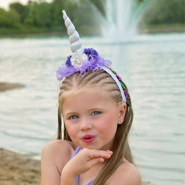 Unicorn Horn Flower Crown Headband - Lavender + Purple + White - Unicorn Headband - Photo Prop - Cake Smash - Birthday Party