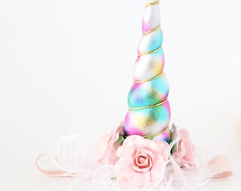 Rainbow Unicorn Headband Flower Crown || Feathers + Pink || Unicorn Headband || Photo Prop || Rocking Horse || Pony || Carousel || Birthday