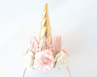 Birthday Flower Unicorn Headband Unicrown || Gold + Pink + White || Unicorn Headband || Photogrpphy Prop || Cake Smash
