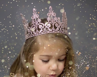 Birthday Crown in Pink Rose Gold - Lace Crown - Cake Smash - Queen - Tiara - Royal - Photo Prop