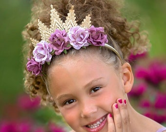 Gold Birthday Princess Tiara Lace Crown with Purple + Lavender Flowers - Aspen - Tiara - Boho - Flower Girl - Photo Prop