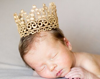 Gold Newborn Crown for baby girl or boy - Kane - Gold Crown - Lace - Prince - Princess - Mini - Tiara - Headband - Cake Topper