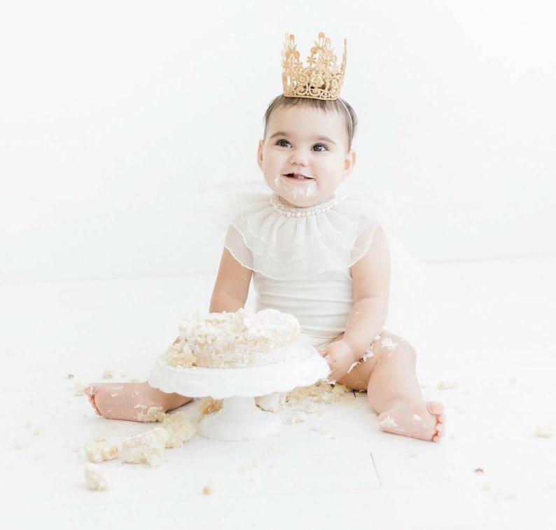 Quinn Birthday Crown Silver or Gold Headband Birthday Crown Lace Cake Topper Mini Tiara Party Baby Toddler Cake Smash image 1