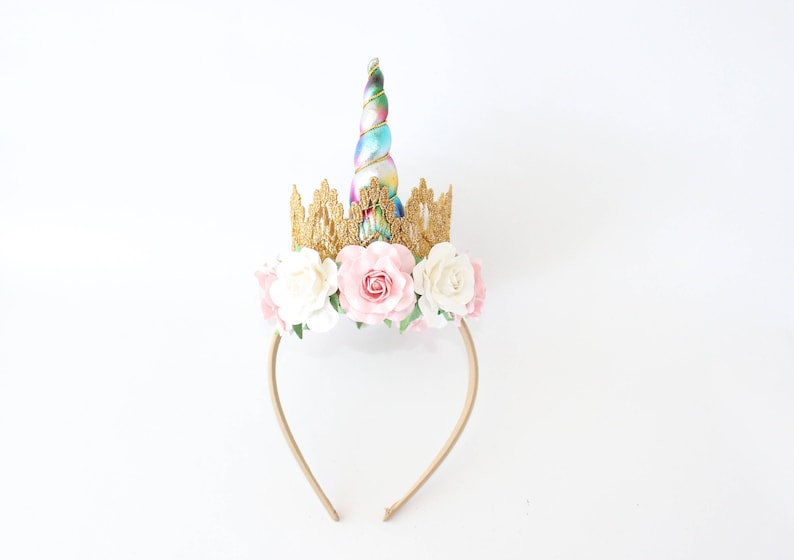 Birthday Flower Unicorn Headband Unicrown Gold Rainbow Pink White Unicorn Headband Photogrpphy Prop Cake Smash image 1