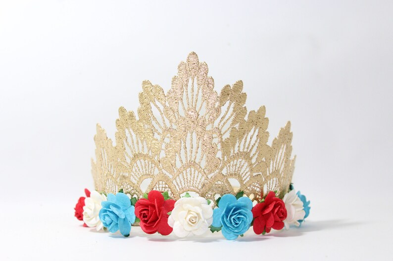 NEW 4th of July Patriotic Red White & Blue Tiara Lace Crown with Flowers Memorial Day Independence Day Rocket Pop Freedom image 1
