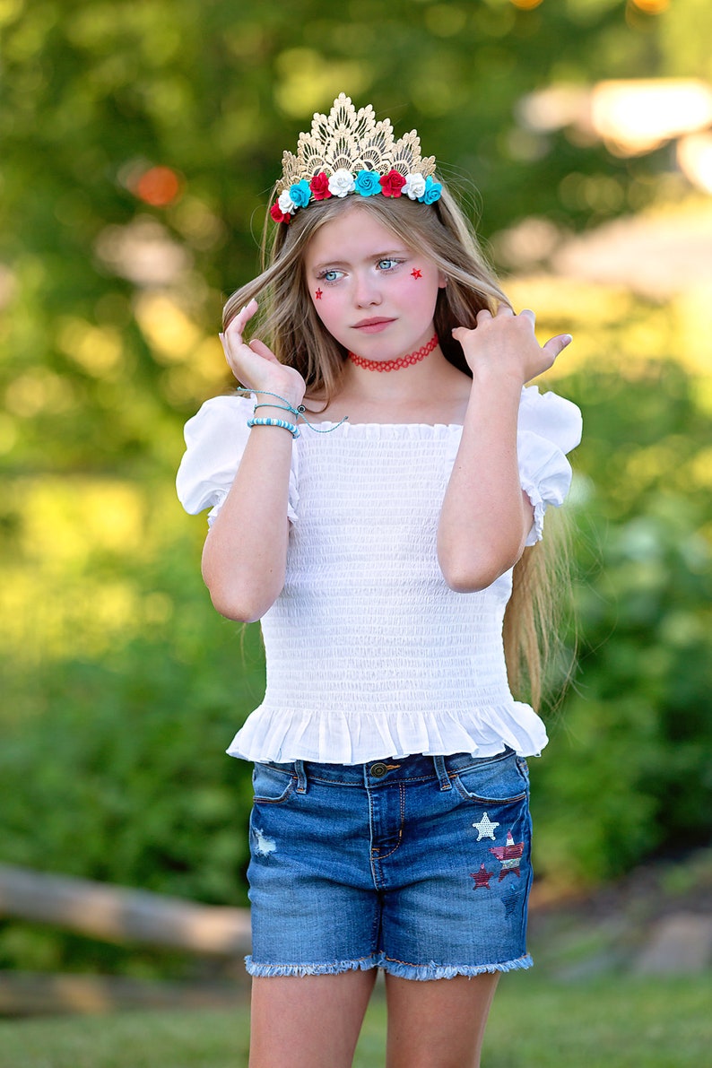 NEW 4th of July Patriotic Red White & Blue Tiara Lace Crown with Flowers Memorial Day Independence Day Rocket Pop Freedom image 3