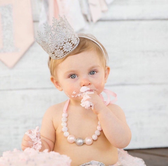 Silver First Birthday Lace Crown Headband For Baby Chloe Etsy Silver First Birthday Lace Crown Headband For Baby Chloe Etsy