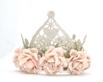 Birthday Tiara Lace Crown + Blush Flowers || Harlow || Birthday Tiara || Multi Color Options || Child - Adult