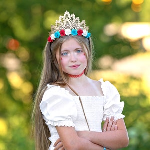 NEW 4th of July Patriotic Red White & Blue Tiara Lace Crown with Flowers Memorial Day Independence Day Rocket Pop Freedom image 2